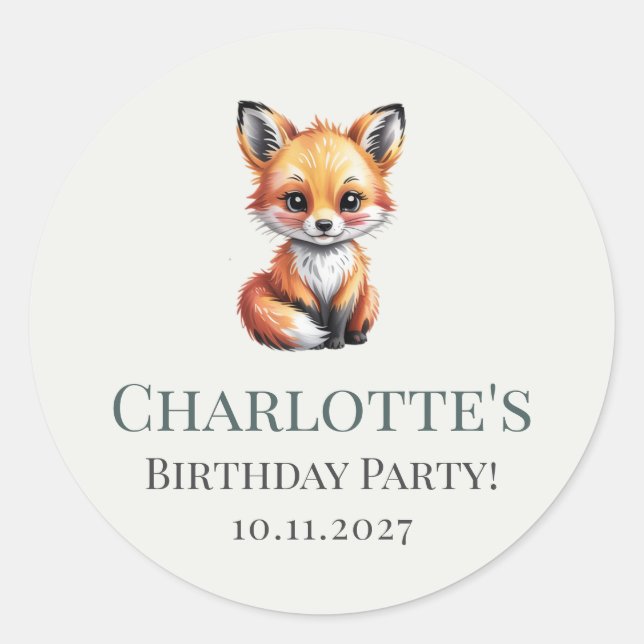 Soft Boho Green Woodland Fox Birthday with Name Classic Round Sticker (Front)