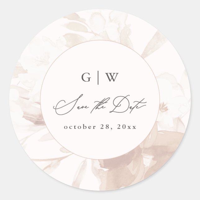 Soft Botanical Floral Monogram and Date Wedding Classic Round Sticker (Front)