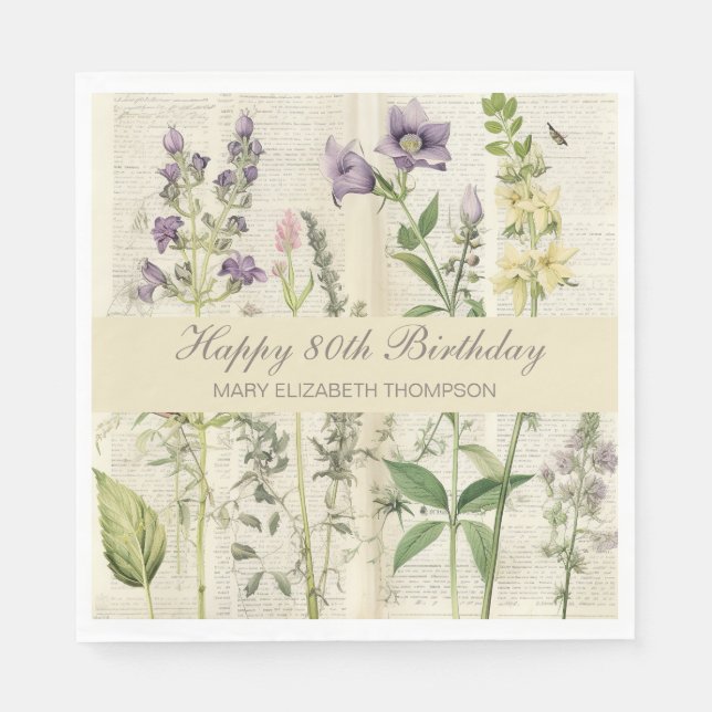 Soft Botanical Vintaqe Wildflower 80th Birthday Napkin (Front)