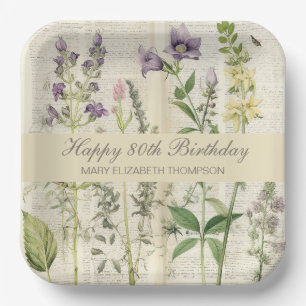 Soft Botanical Vintaqe Wildflower 80th Birthday Paper Plate