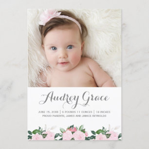 Soft Botanicals Pink   Birth Announcement