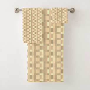 Soft brown beige yellow block grid bath towel set