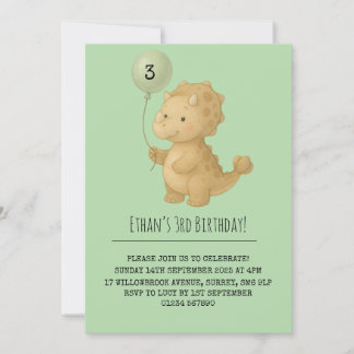 Soft Brown Triceratops with Balloon Birthday Invitation