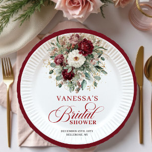Soft Burgundy Floral Bridal Shower Paper Plates