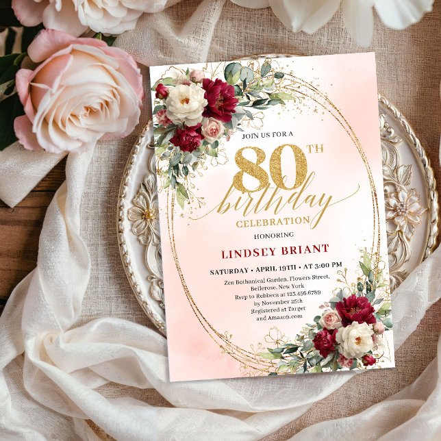 Soft Burgundy Floral Gold 80th Birthday Invitation (Soft Burgundy Floral Gold 80th Birthday Invitation)