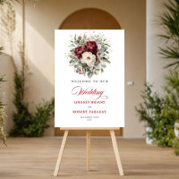 Soft Burgundy Flowers Greenery Gold Welcome Poster