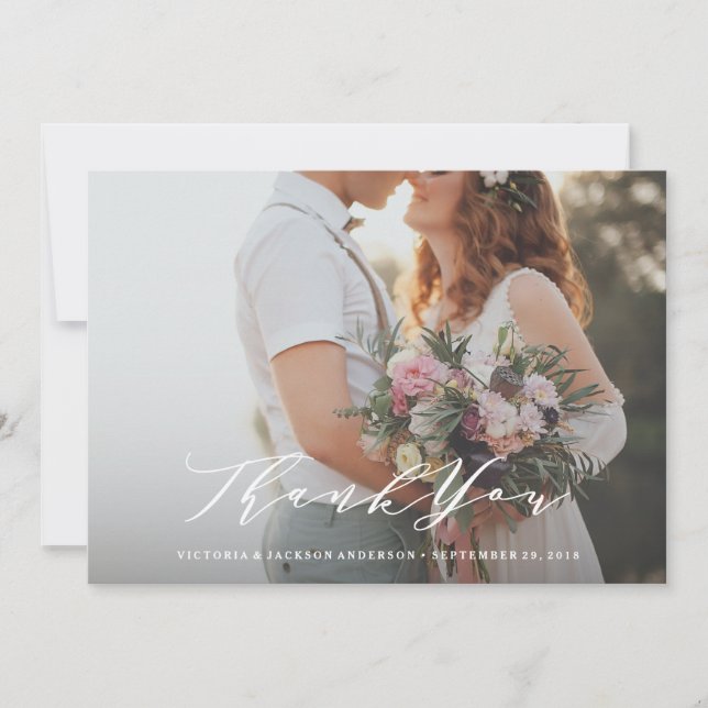 Soft Calligraphy Wedding Thank You Photo Card (Front)
