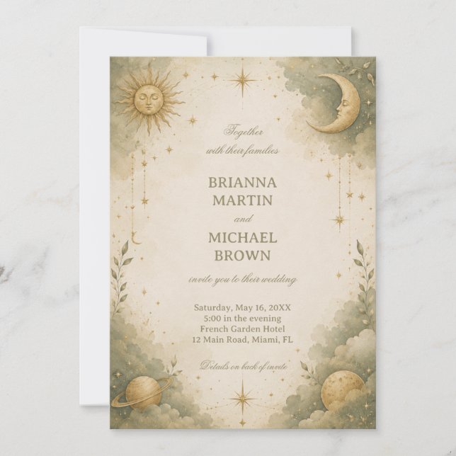 Soft Celestial Botanical Vintage Invitation (Front)
