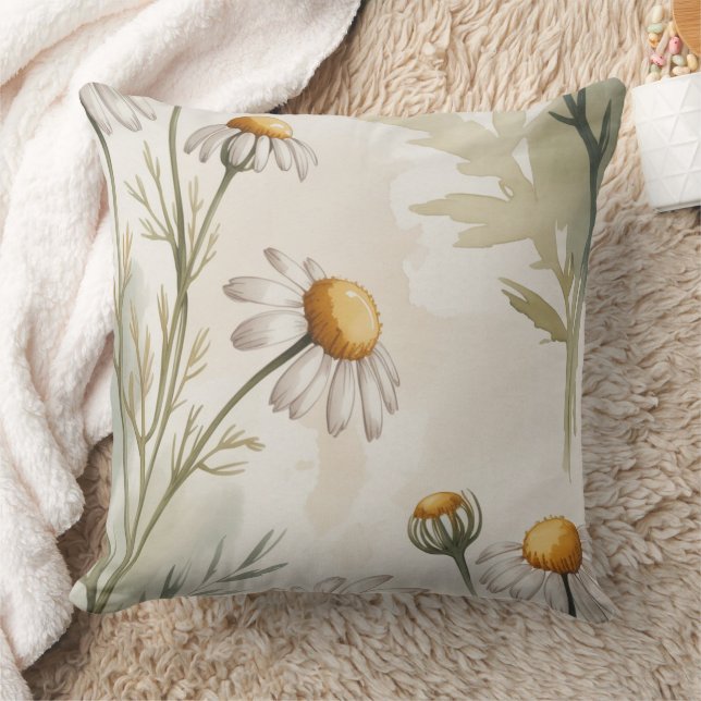 Soft Chamomile Meadow Watercolor Throw Pillow (Blanket)