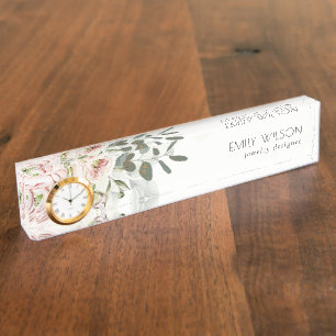 Soft Chic Blush Pink Peony Leafy Botanical Floral Nameplate
