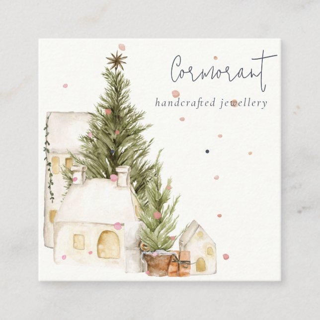 Soft Christmas Tree House Snow Earring Stud Holder Square Business Card (Front)