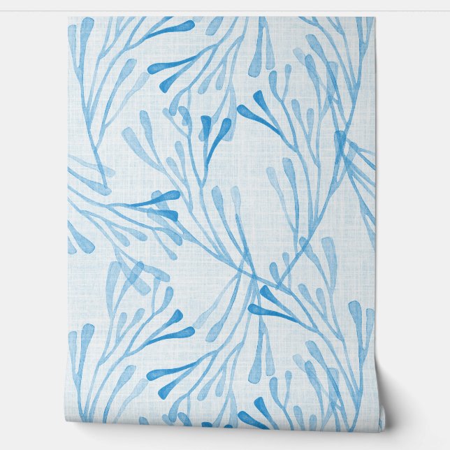 Soft Coastal Coral and Seaweed in Light Blue Wallpaper (Unrolling)