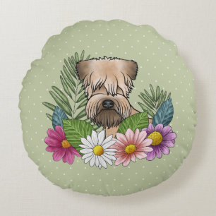 Soft-Coated Wheaten Terrier Colourful Flowers Gree Round Pillow