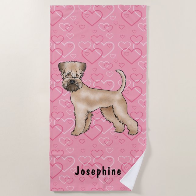 Soft-Coated Wheaten Terrier Pink Hearts And Name Beach Towel (Front)