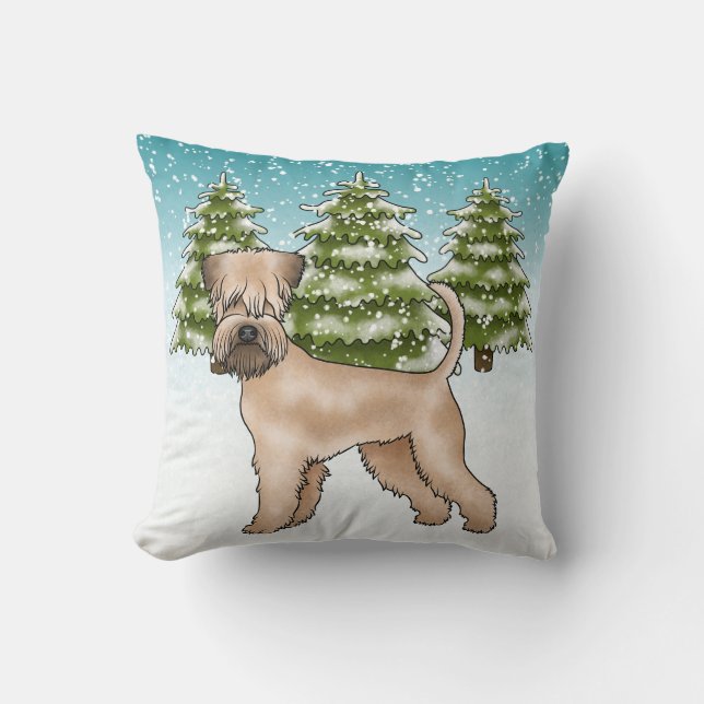 Soft-Coated Wheaten Terrier Snowy Winter Forest Throw Pillow (Front)