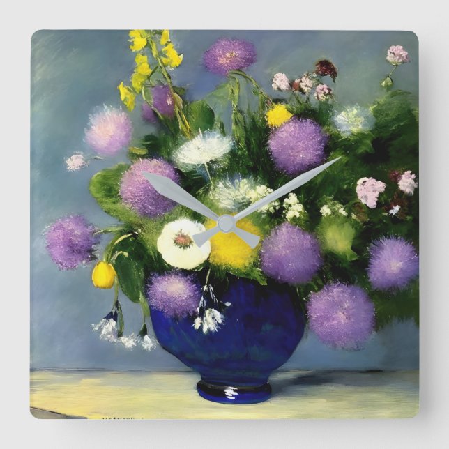 Soft Colour Flower Vase Print Square Wall Clock (Front)