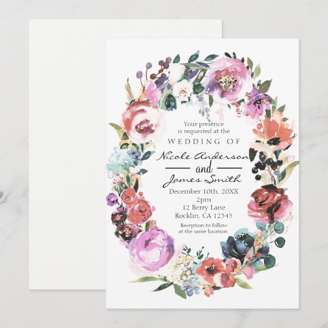 Soft Colour Watercolor Floral Wreath Wedding Invitation (Front/Back)
