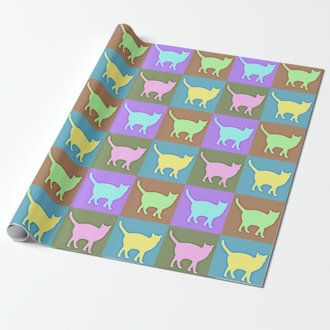 Soft Coloured Pop Art Cats Wrapping Paper (Unrolled)