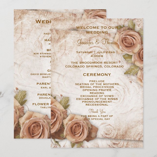 Soft Coloured Roses Wedding Programme (Devant / Derrière)