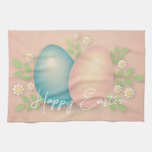 Soft colours easter egg and spring daisy flowers kitchen towel