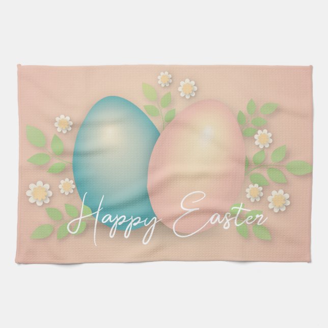 Soft colours easter egg and spring daisy flowers  kitchen towel (Horizontal)