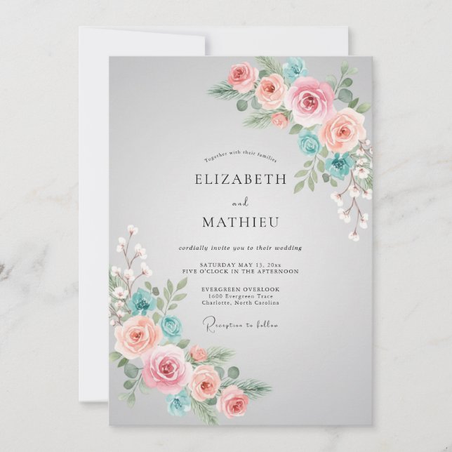 Soft Coral Aqua Peony Wedding Invitation (Front)