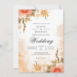 Soft Coral Botanical Wash Wedding Invitation