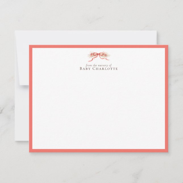 Soft Coral Bow Nursery Note Card – Personalized (Front)