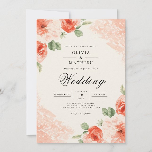 Soft Coral Floral Accent Wedding Invitation (Front)