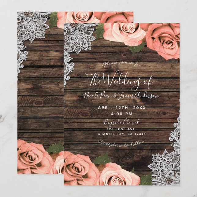 Soft Coral Floral Roses Rustic Wood Lace Wedding Invitation (Front/Back)