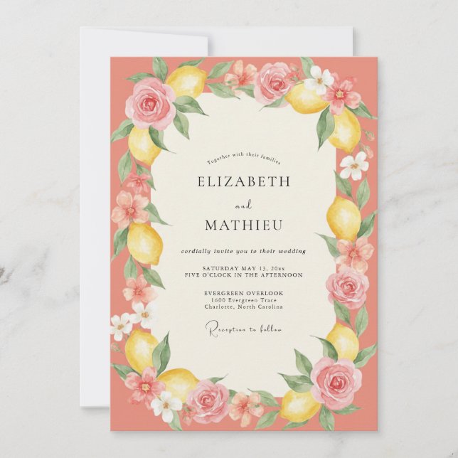 Soft Coral Lemon Painted Wedding Invitation (Front)