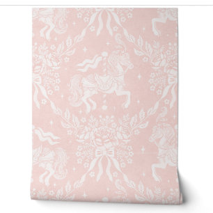 Soft Coral Rococo Carousel Horses & Florals Wallpaper
