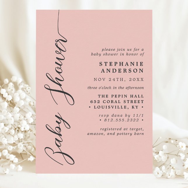 Soft Coral Simple Modern Script Baby Shower Invitation (Creator Uploaded)