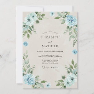 Soft Cornflower Azure Leafy Wedding Invitation
