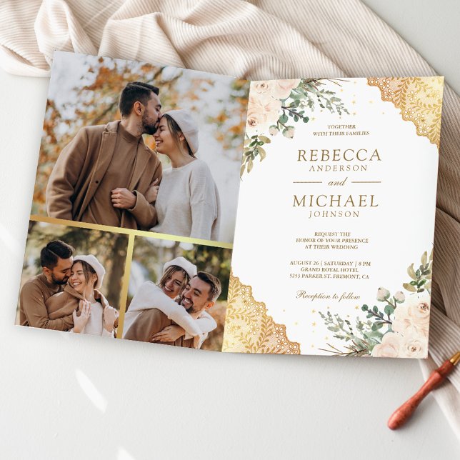 Soft Cream Roses Gold Lace QR Code Wedding Invitation (Creator Uploaded)