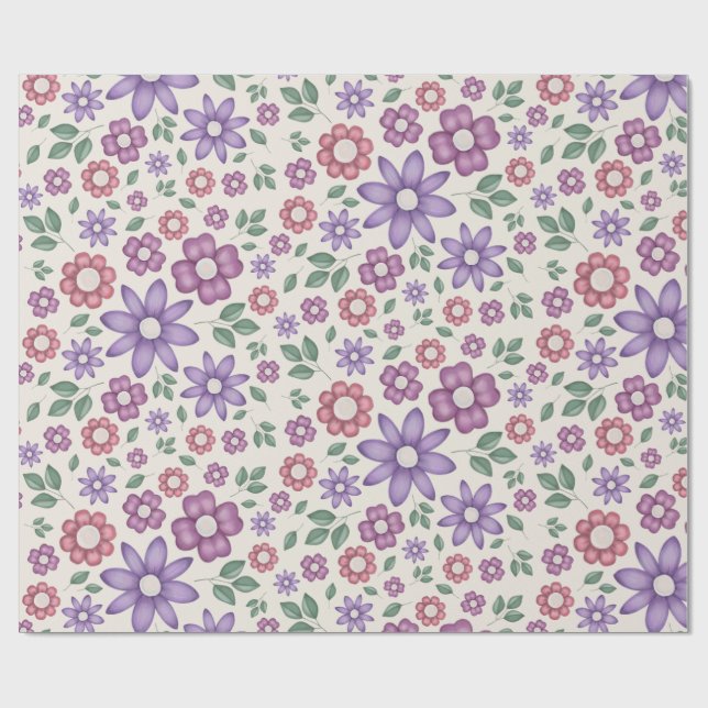 soft cream whimsical floral pattern wrapping paper (Flat)