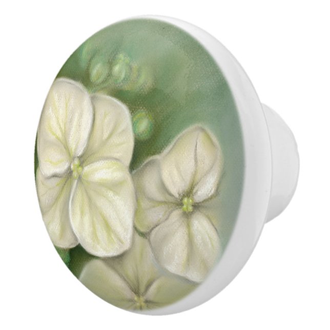 Soft Cream White Pastel Hydrangea Floral Ceramic Knob (Right)
