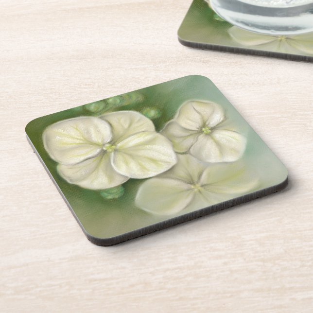 Soft Cream White Pastel Hydrangea Floral Coaster (Left Side)