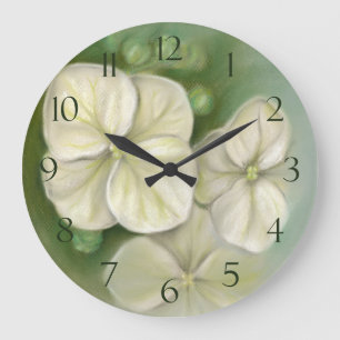 Soft Cream White Pastel Hydrangea Floral Large Clock
