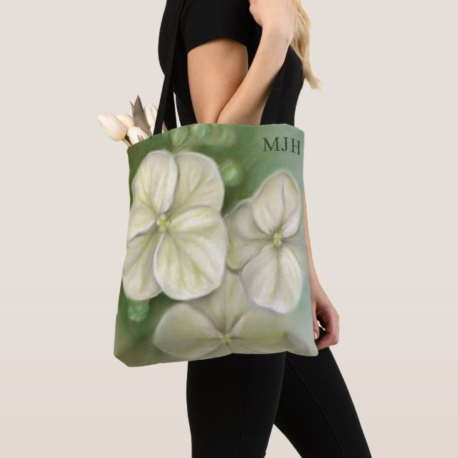 Soft Cream White Pastel Hydrangea Floral Monogram Tote Bag (Close Up)