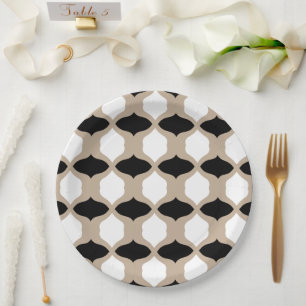 Soft Curves Pattern - Taupe, Black and White Paper Plate