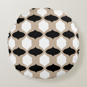 Soft Curves Pattern - Taupe, Black and White Round Pillow