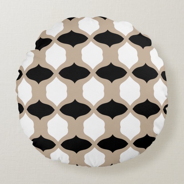 Soft Curves Pattern - Taupe, Black and White Round Pillow (Front)