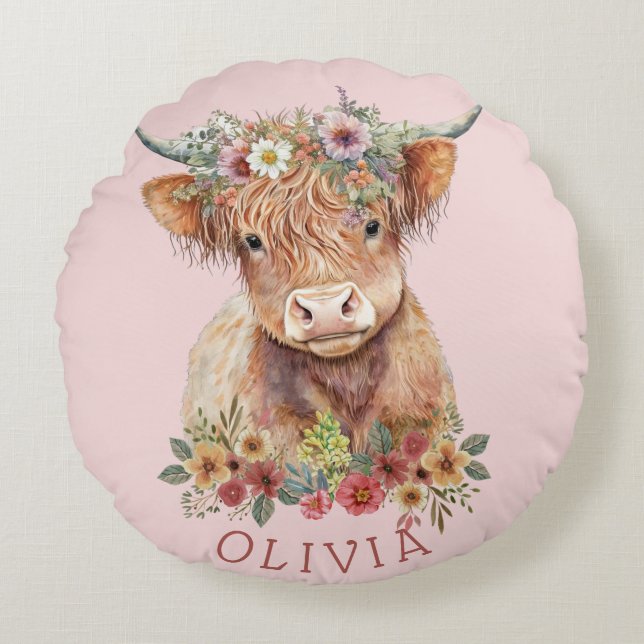 Soft Customizable Pink Highland Cow Design Floral Round Pillow (Front)