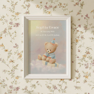 Soft Cute Teddy Bear Birth Details Poster