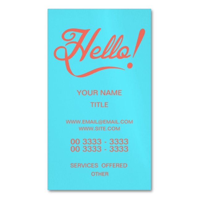 Soft cyan and Bittersweet Hello Magnetic Business Card (Front Vertical)