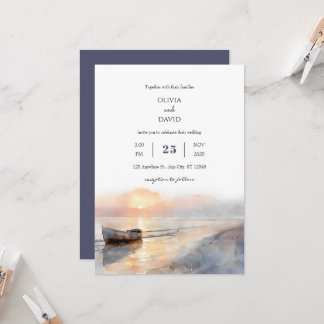Soft Dawn Wooden Boat Watercolor Beach Wedding  Invitation
