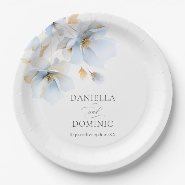 Soft Delicate Dusty Blue Gold Wildflowers Wedding Paper Plate (Front)
