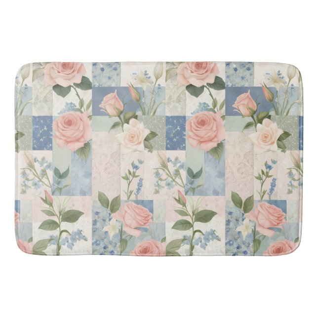 Soft Delicate Floral Pink And Blue Patchwork Bath Mat (Front)