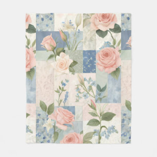 Soft Delicate Floral Pink And Blue Patchwork Fleece Blanket